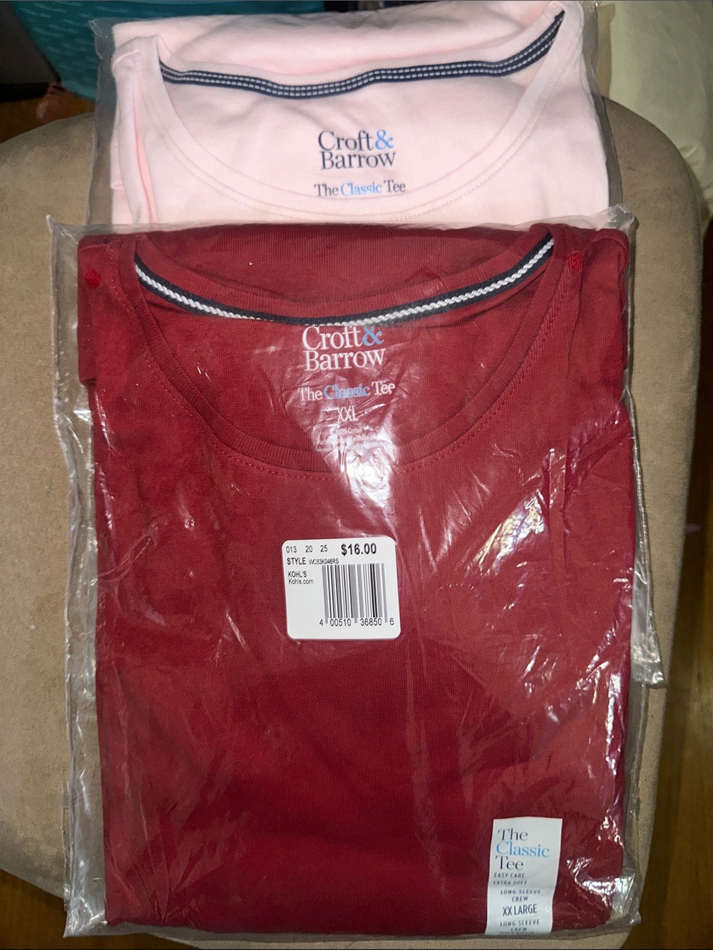 2 NWT Croft & Barrow XXL  Classic Tees  Pink and red LONG SLEEVE